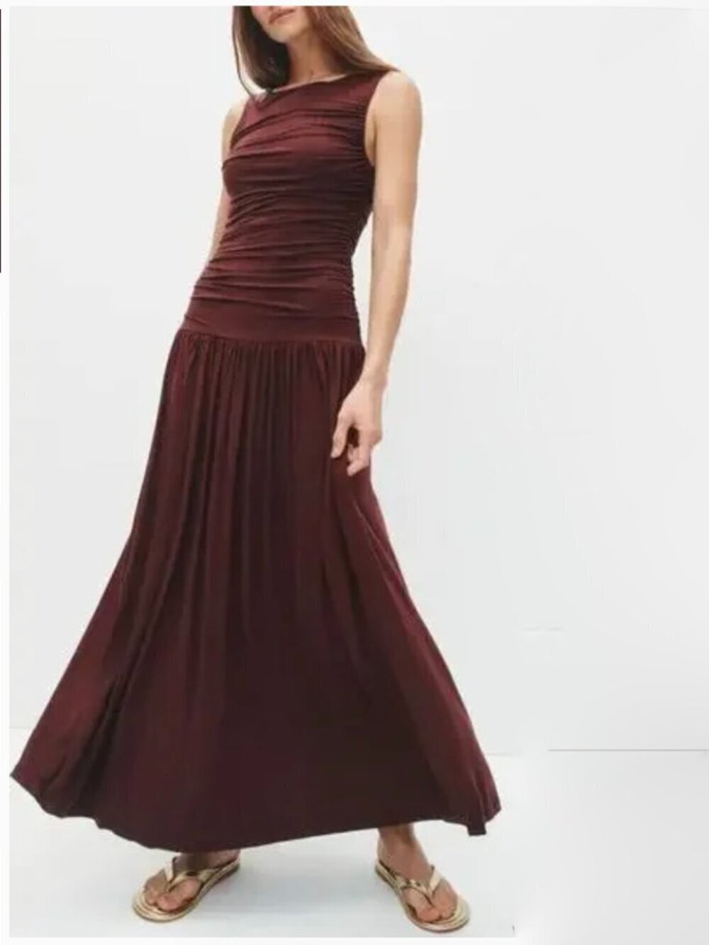 Summer Away Patmos Dress Sleeveless Ruched Drop Waist Maxi Dark Walnut Brown XS